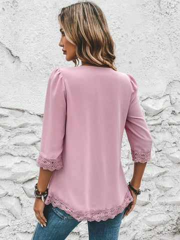 Contrast Guipure Lace Plicated Detail Puff Sleeve Blouse