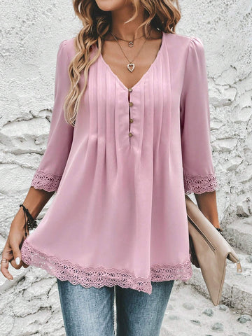 Contrast Guipure Lace Plicated Detail Puff Sleeve Blouse