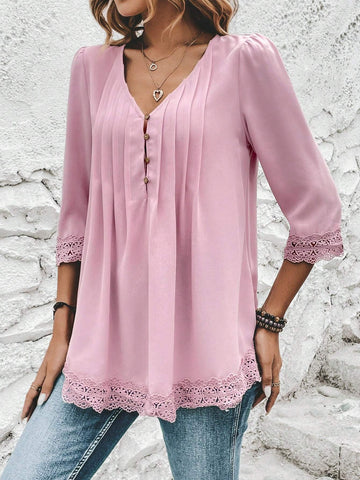 Contrast Guipure Lace Plicated Detail Puff Sleeve Blouse
