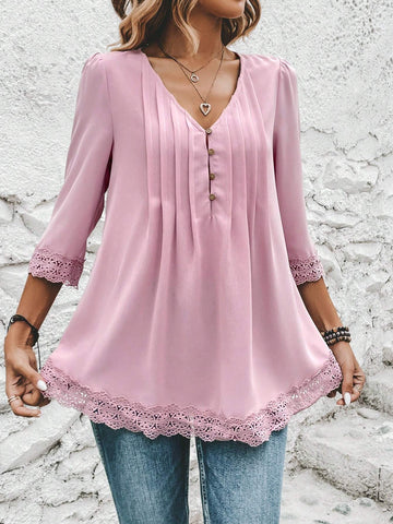 Contrast Guipure Lace Plicated Detail Puff Sleeve Blouse