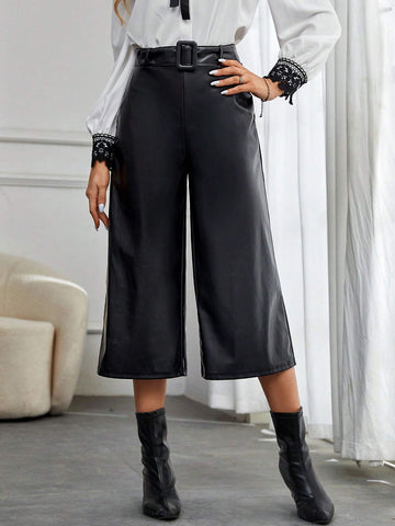 High Waist Belted PU Leather Wide Leg Pants