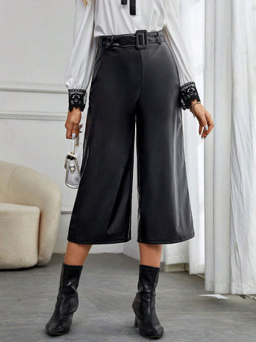 High Waist Belted PU Leather Wide Leg Pants