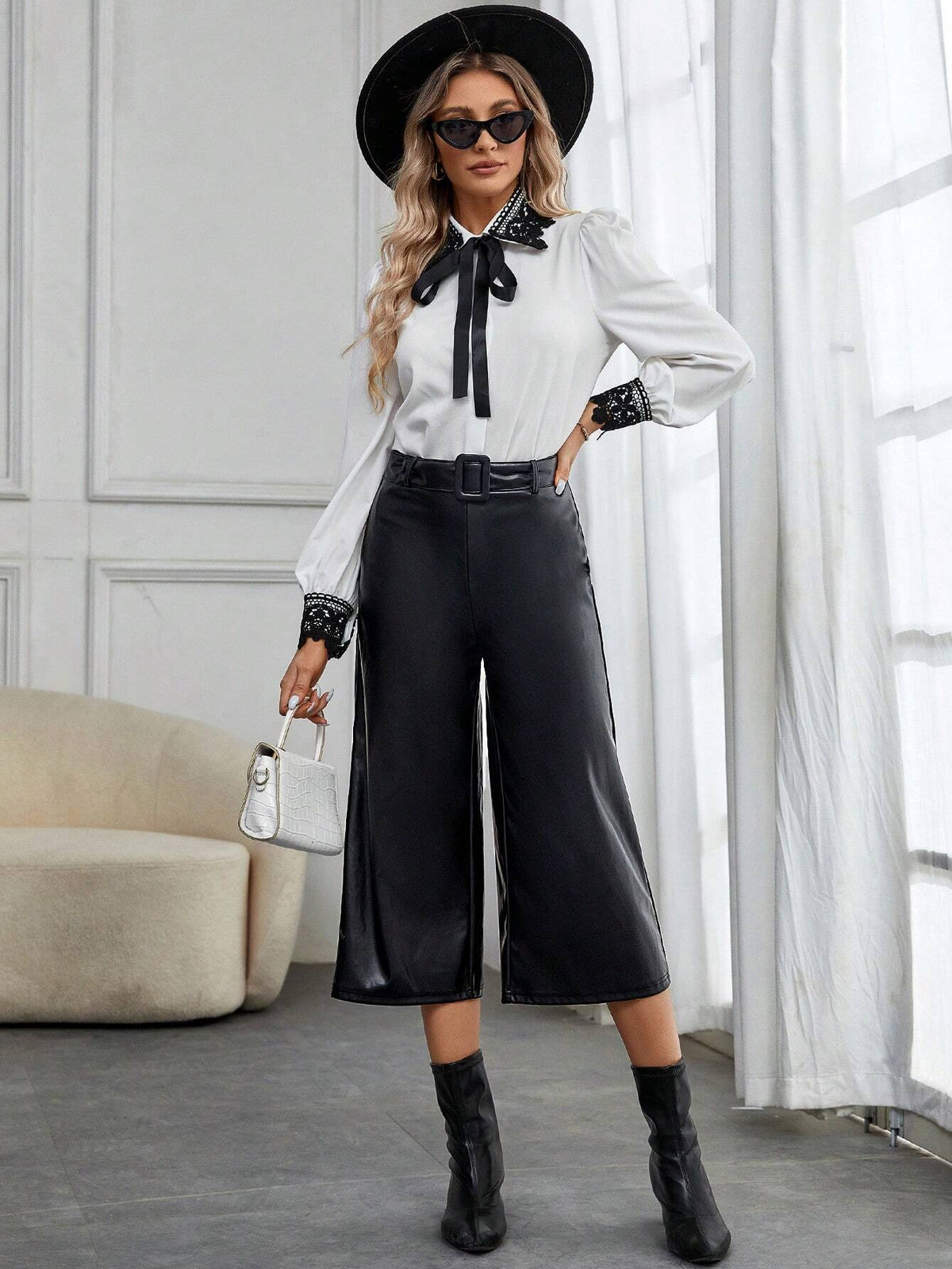High Waist Belted PU Leather Wide Leg Pants