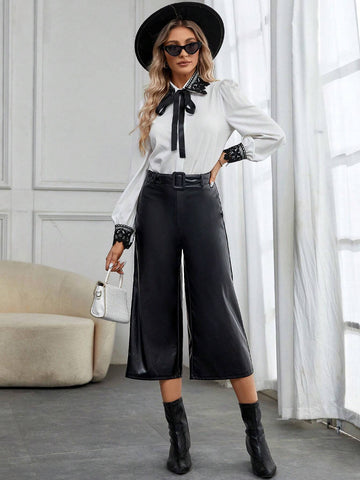 High Waist Belted PU Leather Wide Leg Pants