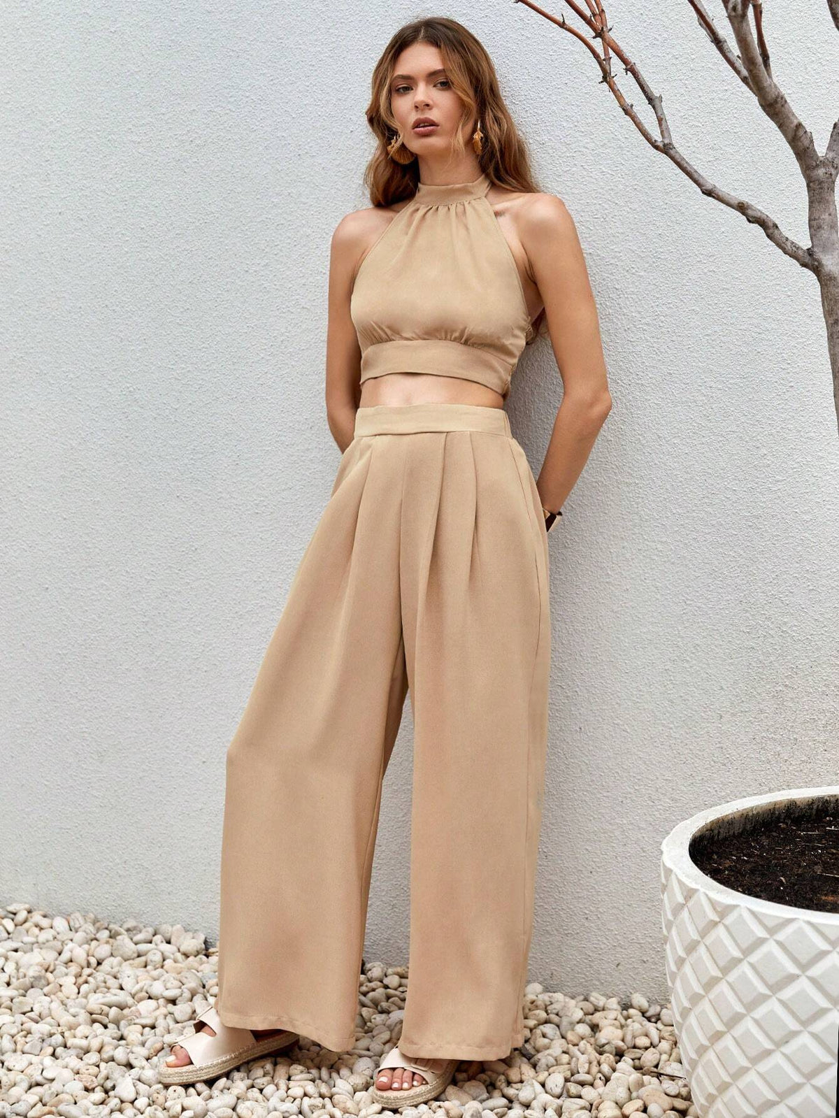 Tie Backless Halter Top & Wide Leg Pants
