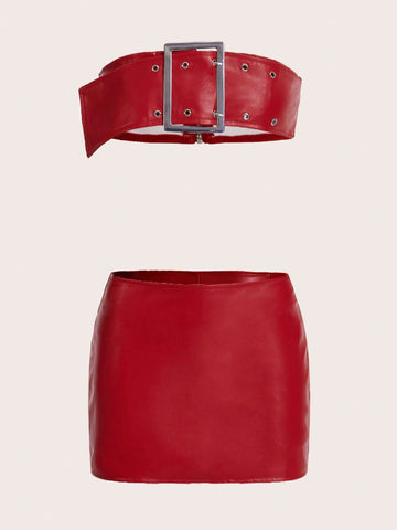 Rhinestone Buckle Front PU Leather Tube Top & Bodycon Skirt