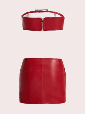 Rhinestone Buckle Front PU Leather Tube Top & Bodycon Skirt
