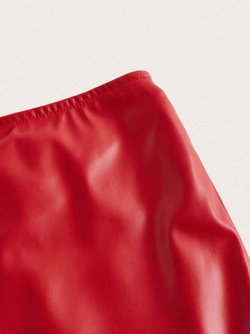 Rhinestone Buckle Front PU Leather Tube Top & Bodycon Skirt