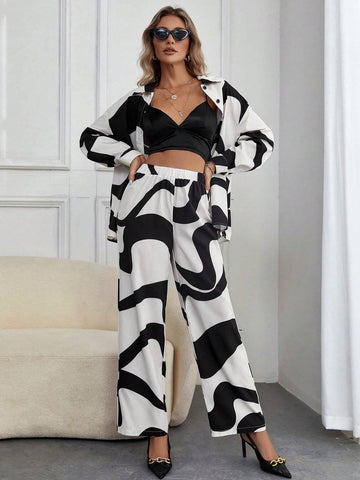 Graphic Print Drop Shoulder Shirt & Wide Leg Pants Without Cami Top