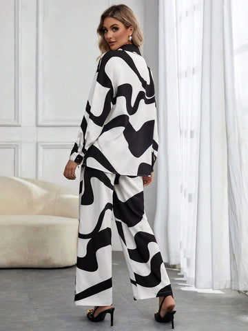 Graphic Print Drop Shoulder Shirt & Wide Leg Pants Without Cami Top