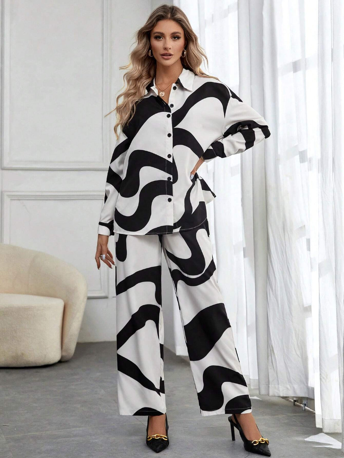 Graphic Print Drop Shoulder Shirt & Wide Leg Pants Without Cami Top