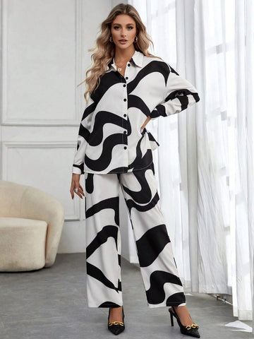 Graphic Print Drop Shoulder Shirt & Wide Leg Pants Without Cami Top