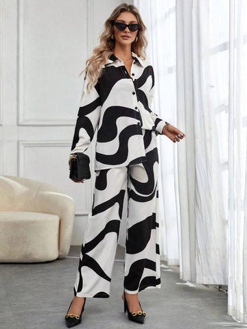 Graphic Print Drop Shoulder Shirt & Wide Leg Pants Without Cami Top