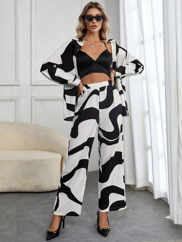 Graphic Print Drop Shoulder Shirt & Wide Leg Pants Without Cami Top