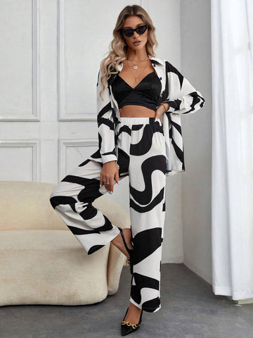 Graphic Print Drop Shoulder Shirt & Wide Leg Pants Without Cami Top