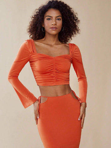 Sweetheart Neck Ruched Front Crop Tee