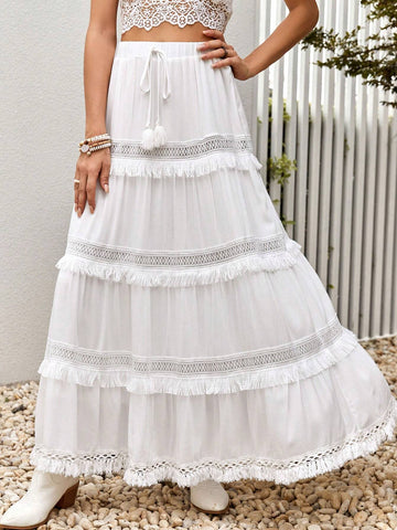 Contrast Lace Tassel Tie Front Fringe Trim Ruffle Hem Skirt