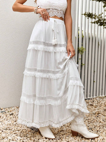 Contrast Lace Tassel Tie Front Fringe Trim Ruffle Hem Skirt