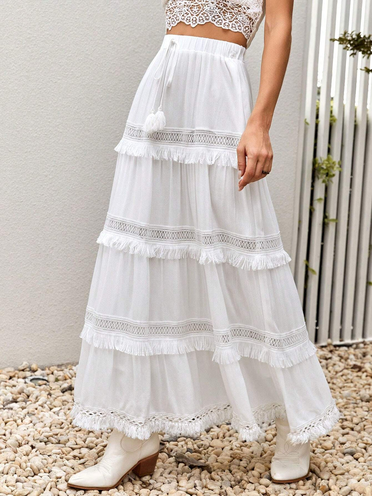 Contrast Lace Tassel Tie Front Fringe Trim Ruffle Hem Skirt