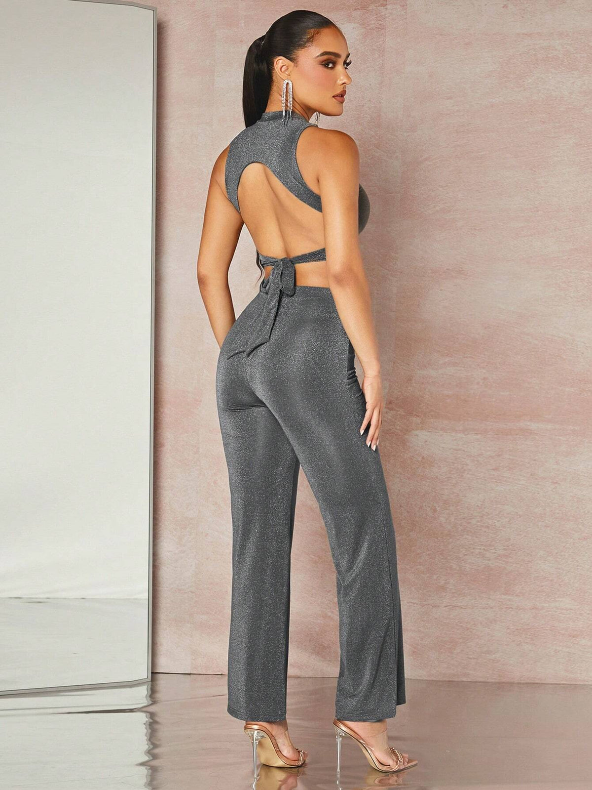 Glitter Tie Backless Crop Tank Top & Pants