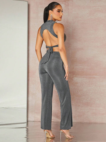 Glitter Tie Backless Crop Tank Top & Pants