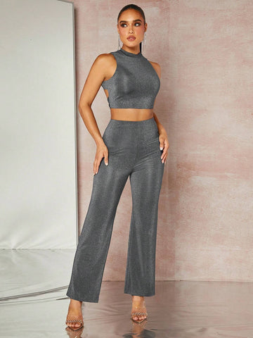 Glitter Tie Backless Crop Tank Top & Pants
