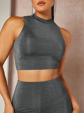 Glitter Tie Backless Crop Tank Top & Pants