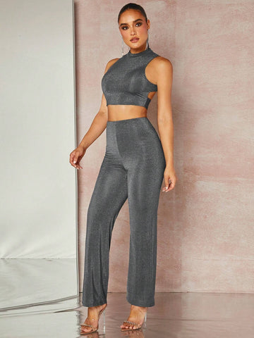 Glitter Tie Backless Crop Tank Top & Pants