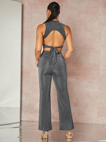 Glitter Tie Backless Crop Tank Top & Pants