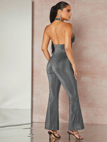 Crisscross Backless Glitter Flare Leg Halter Jumpsuit