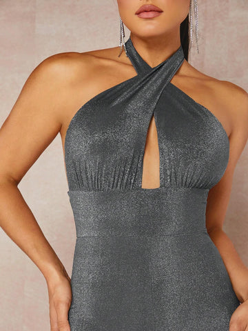 Crisscross Backless Glitter Flare Leg Halter Jumpsuit