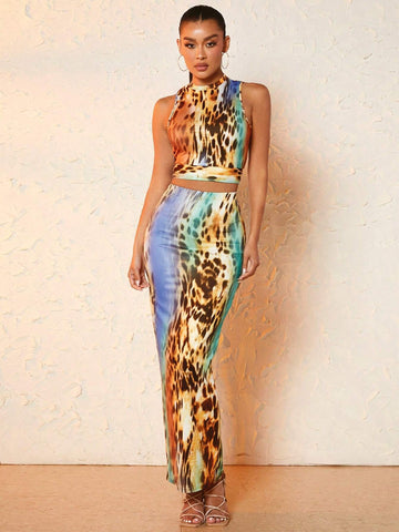 Leopard Print Crop Tank Top & Skirt