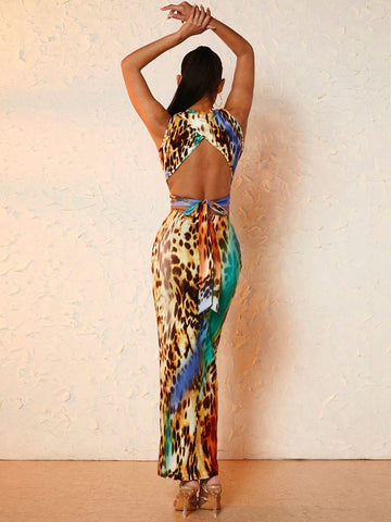 Leopard Print Crop Tank Top & Skirt