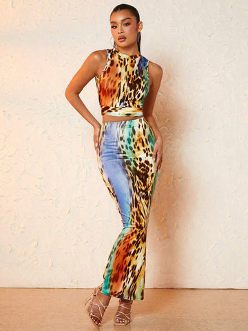 Leopard Print Crop Tank Top & Skirt