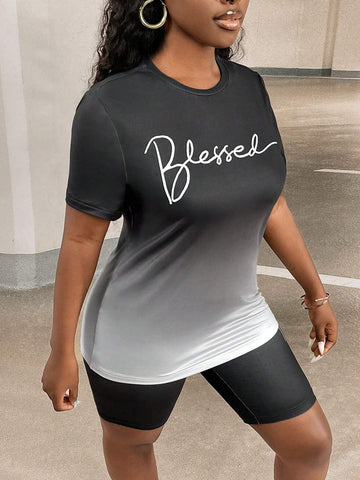 Letter Graphic Ombre Tee & Biker Shorts