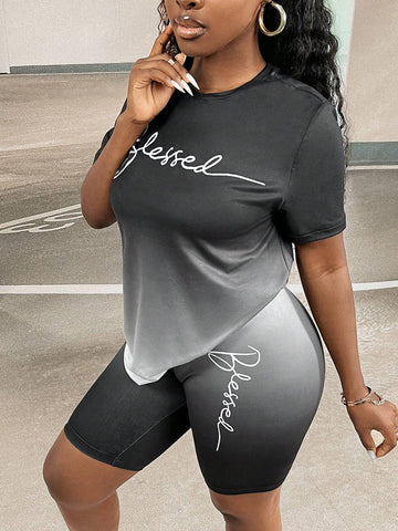 Letter Graphic Ombre Tee & Biker Shorts