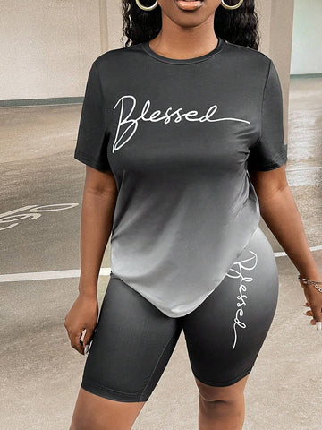 Letter Graphic Ombre Tee & Biker Shorts