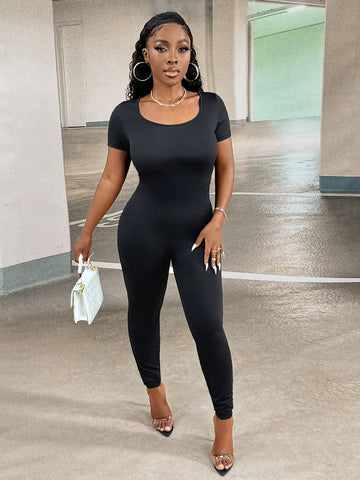 Solid Scoop Neck Unitard Jumpsuit