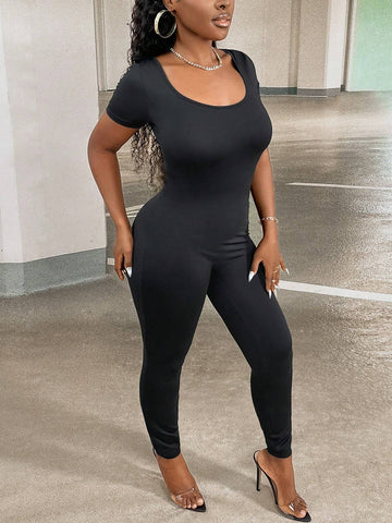 Solid Scoop Neck Unitard Jumpsuit