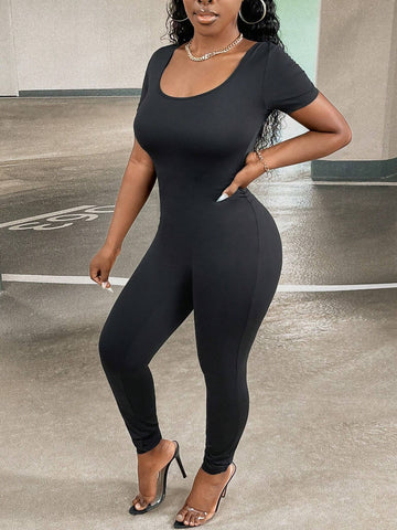 Solid Scoop Neck Unitard Jumpsuit