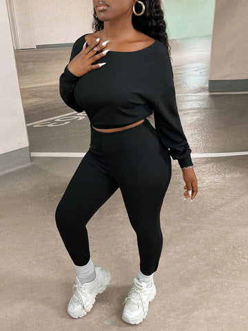Solid Drop Shoulder Crop Sweatshirt & Leggings