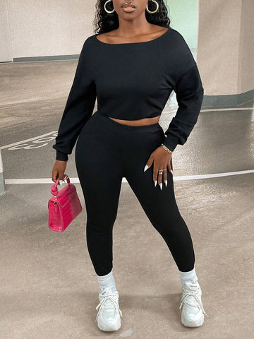 Solid Drop Shoulder Crop Sweatshirt & Leggings