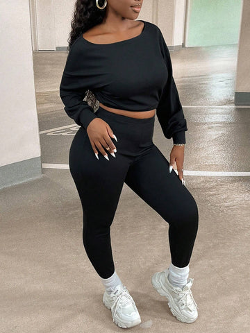 Solid Drop Shoulder Crop Sweatshirt & Leggings