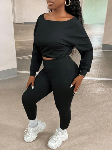 Solid Drop Shoulder Crop Sweatshirt & Leggings