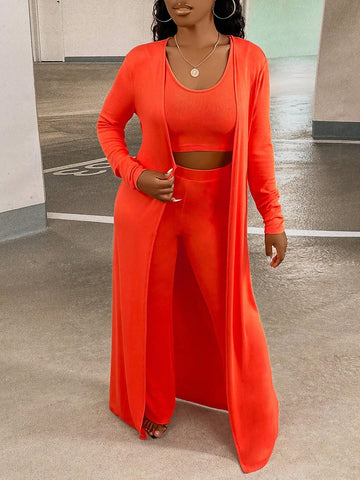 Solid Tank Top & Pants & Open Front Coat