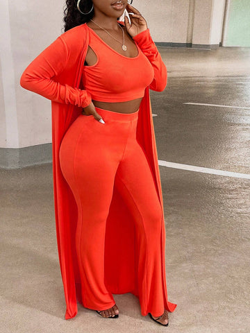 Solid Tank Top & Pants & Open Front Coat