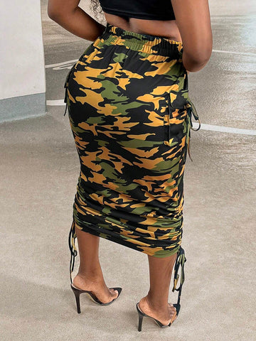 Camo Print Drawstring Side Ruched Bodycon Skirt