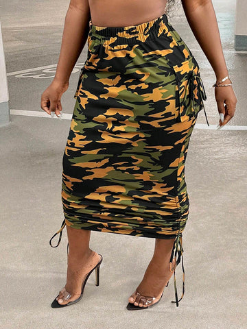 Camo Print Drawstring Side Ruched Bodycon Skirt