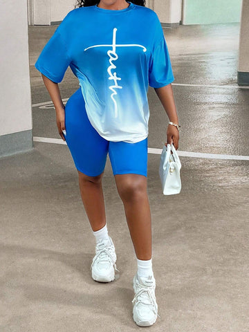 Letter Graphic Drop Shoulder Tee & Biker Shorts