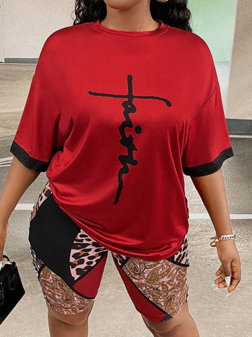 Letter Graphic Drop Shoulder Tee & Patchwork Print Biker Shorts